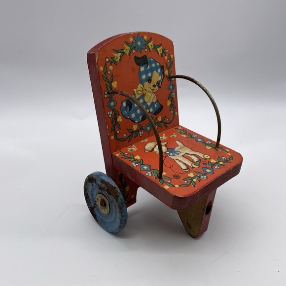 1920s RARE Gong Bell Wood Child Chair Pull Toy w/ Bear Dog Litho Graphics - Picture 3 of 5